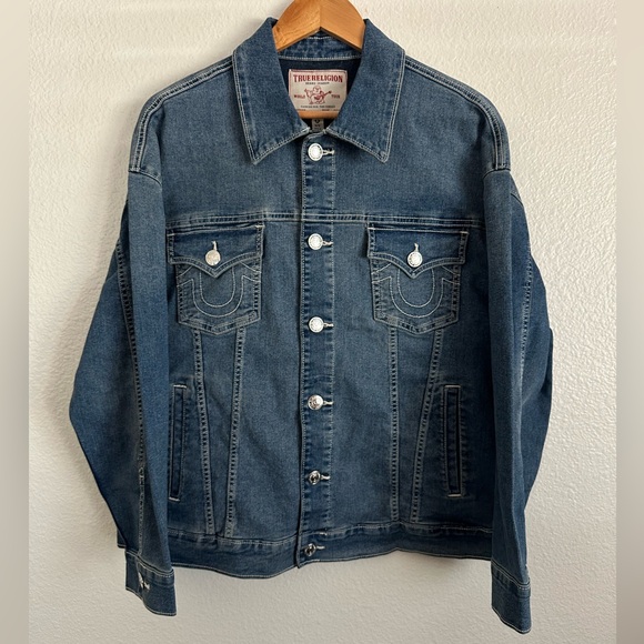 True Religion Denim Trucker Jacket Glitter Logo Jada Ashbury Women Size Medium - Picture 1 of 11